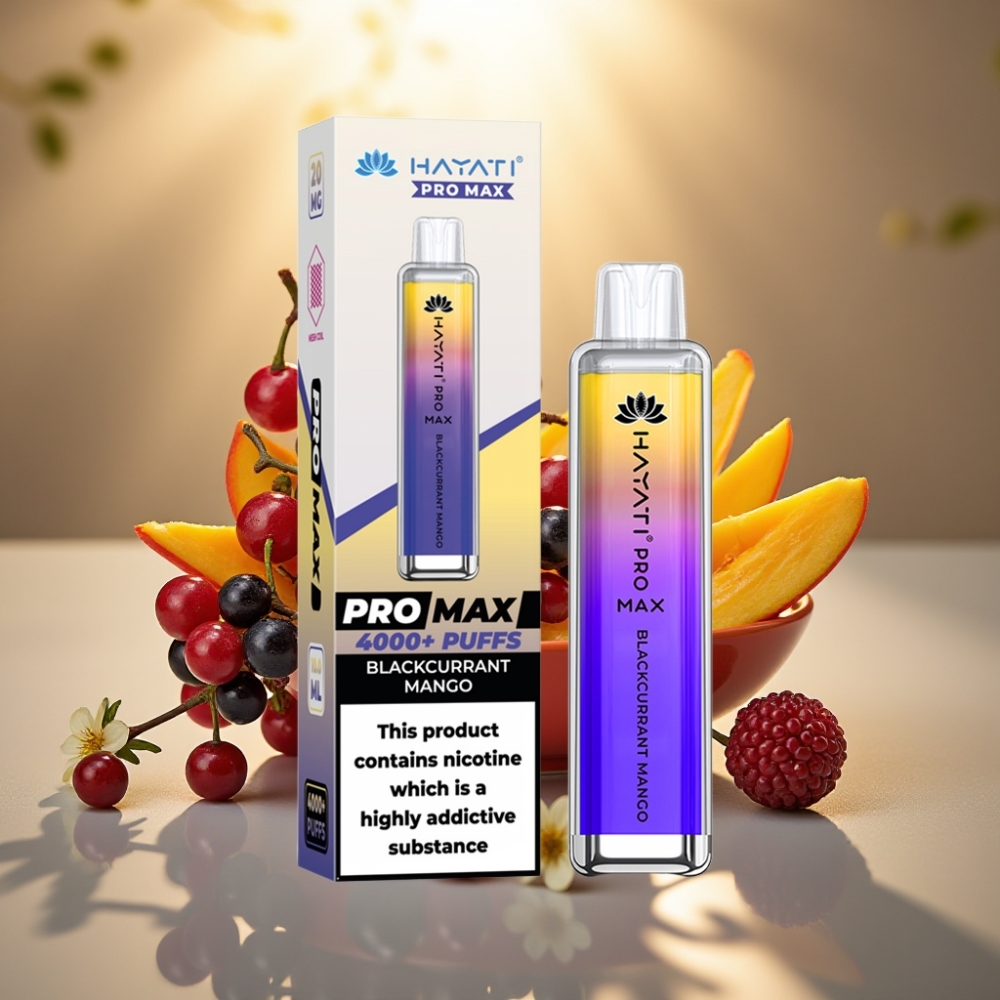 Hayati Pro Max 4000 Tyhjäkäyttöinen höyrytin Mustaherukka-Mango 1400mAh akku latauskelpoinen