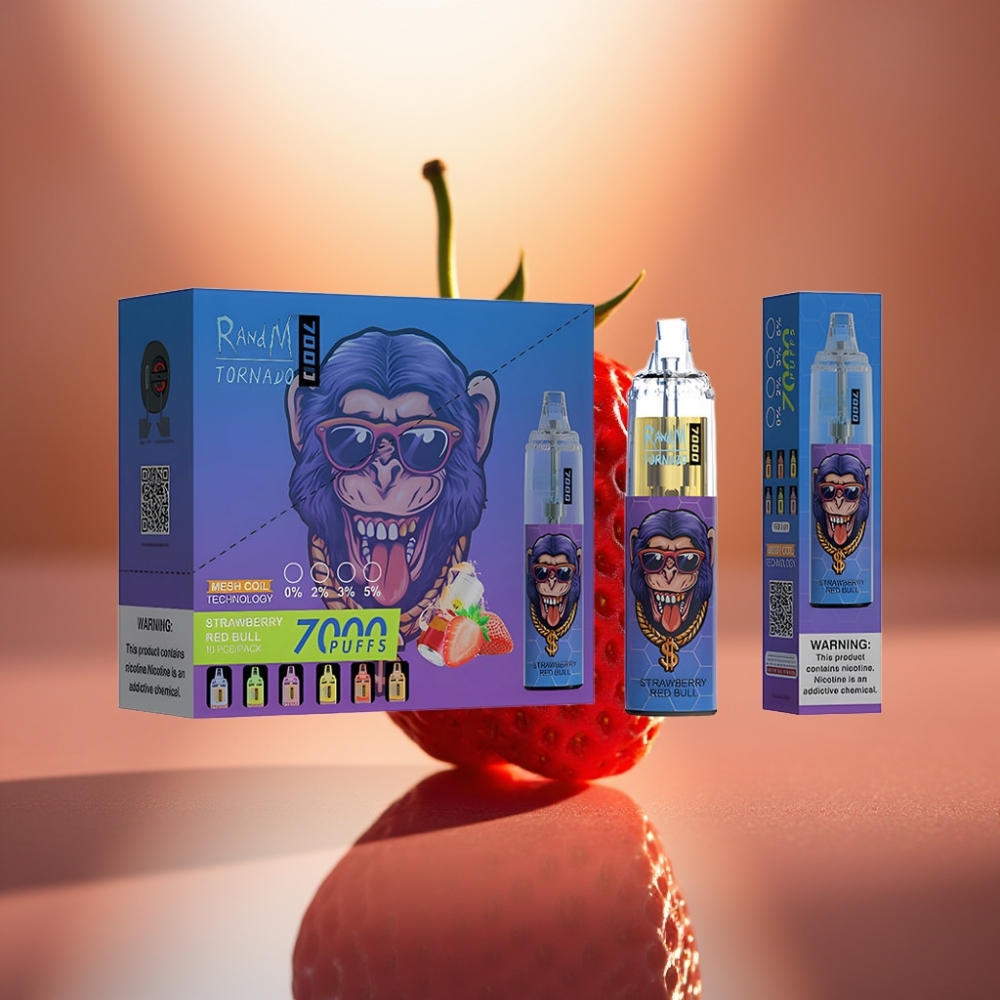 RandM Fumot Tornado 7000 Puffia Disposable Vape Mansikka Red Bull 850 MAH Type-C