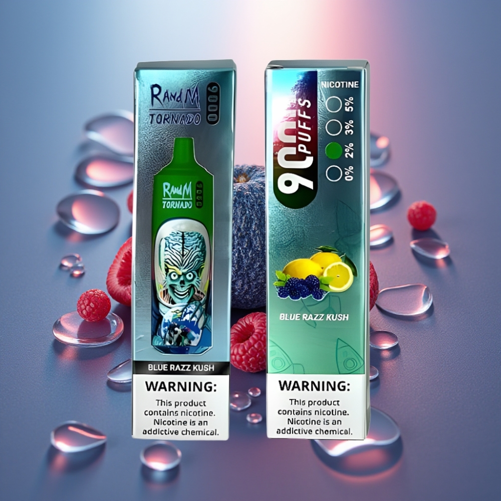 RandM Tornado 9000 Puffs 18 mL Sininen Vadelma Kush Mesh-käämi