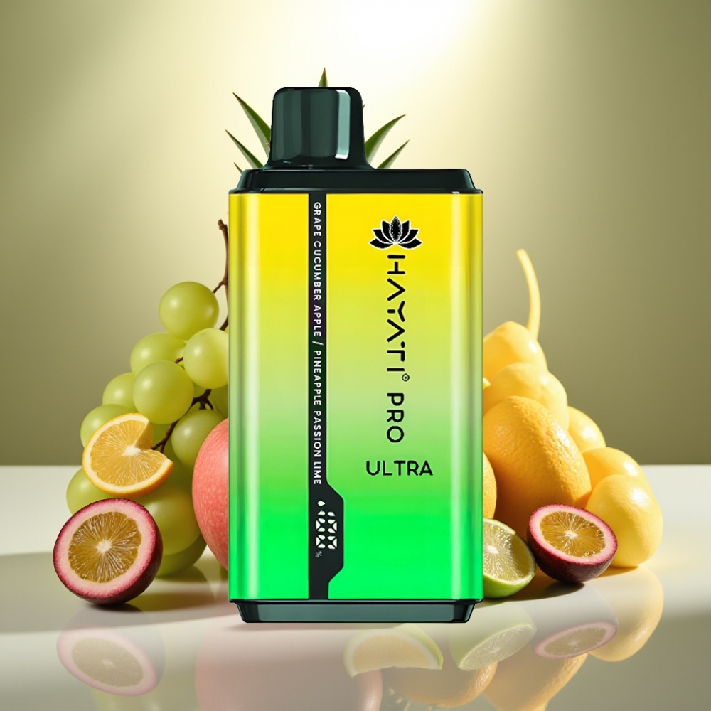 Hayati Pro Ultra 15000 Puffs Disposable Vape Viinirypäle Kurkku Omena Ananas Passio Lim